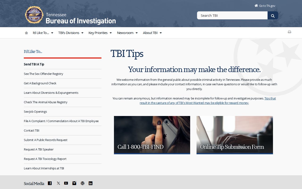 Bedford County warrant information: official TBI anonymous tip instructions