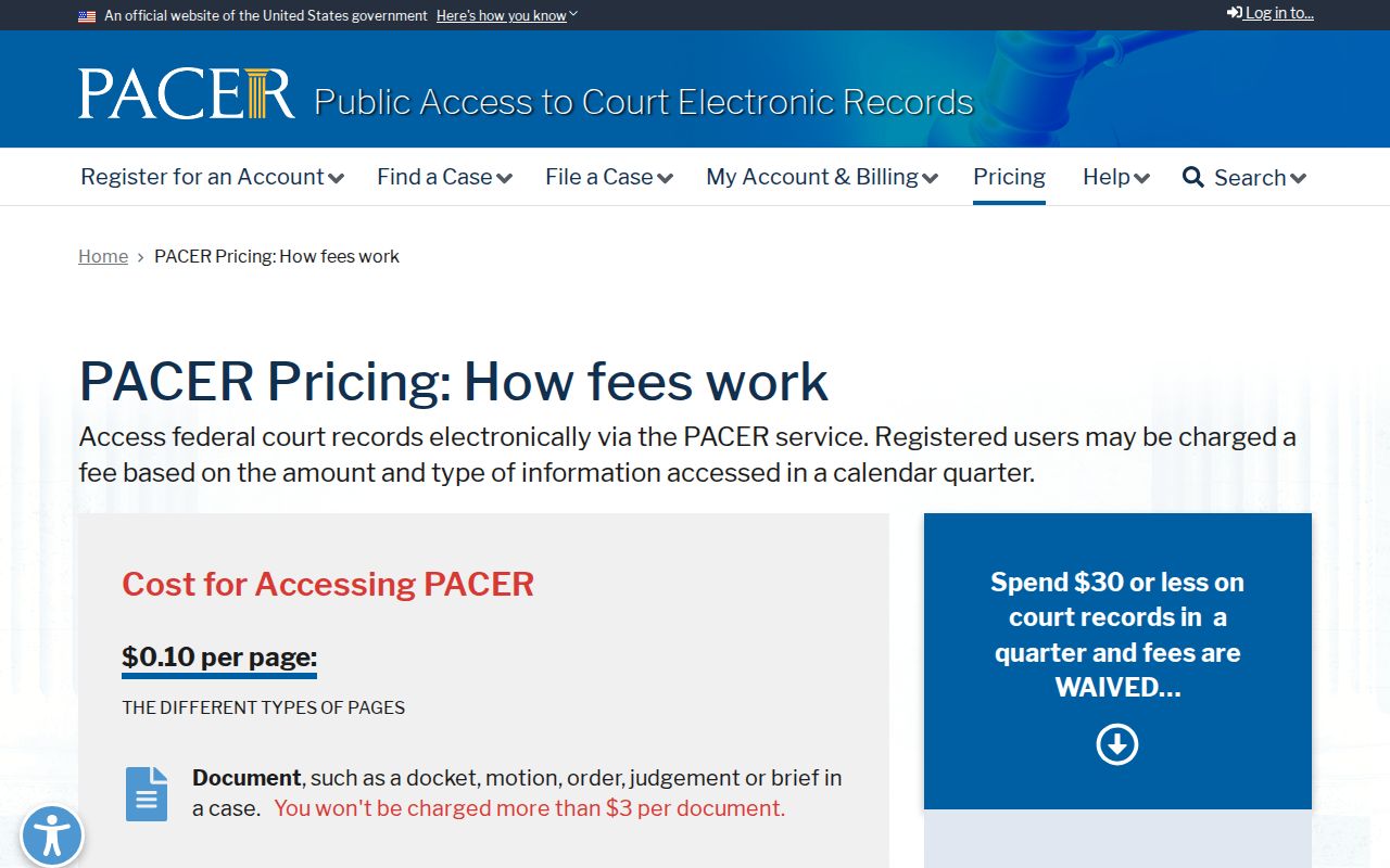 Federal warrant research: official PACER court-record pricing information