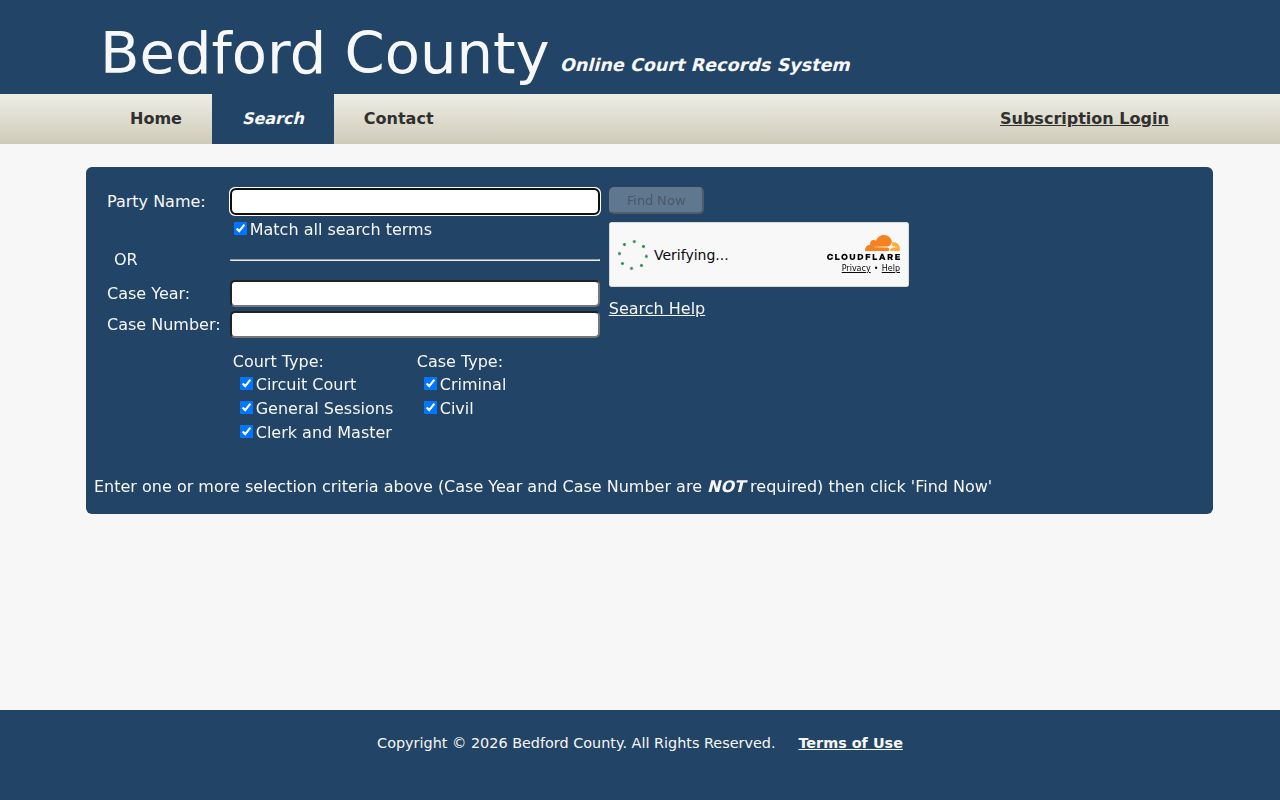 Bedford County warrant search fields in the public court portal