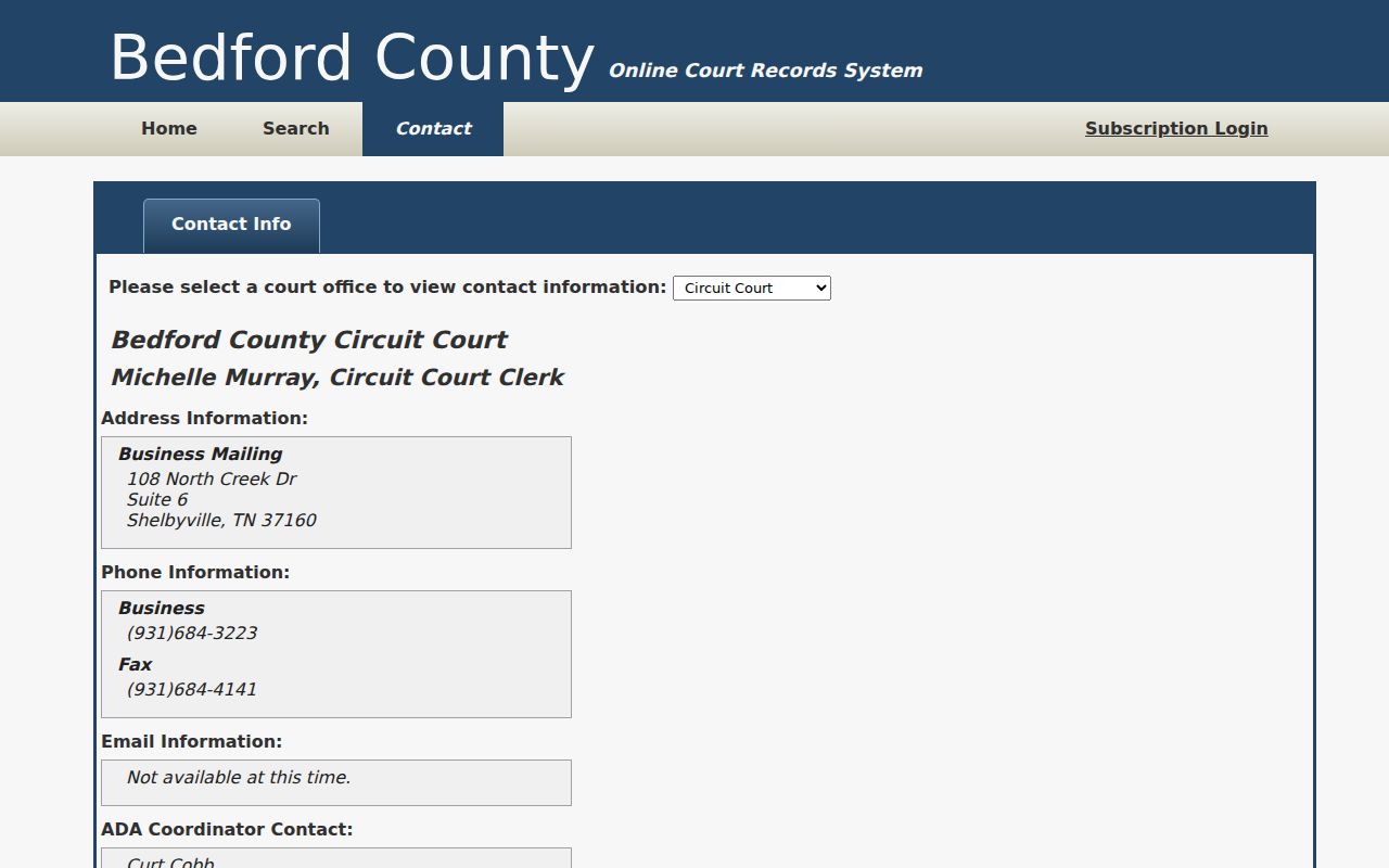 Bedford County warrant records: public portal clerk contact route